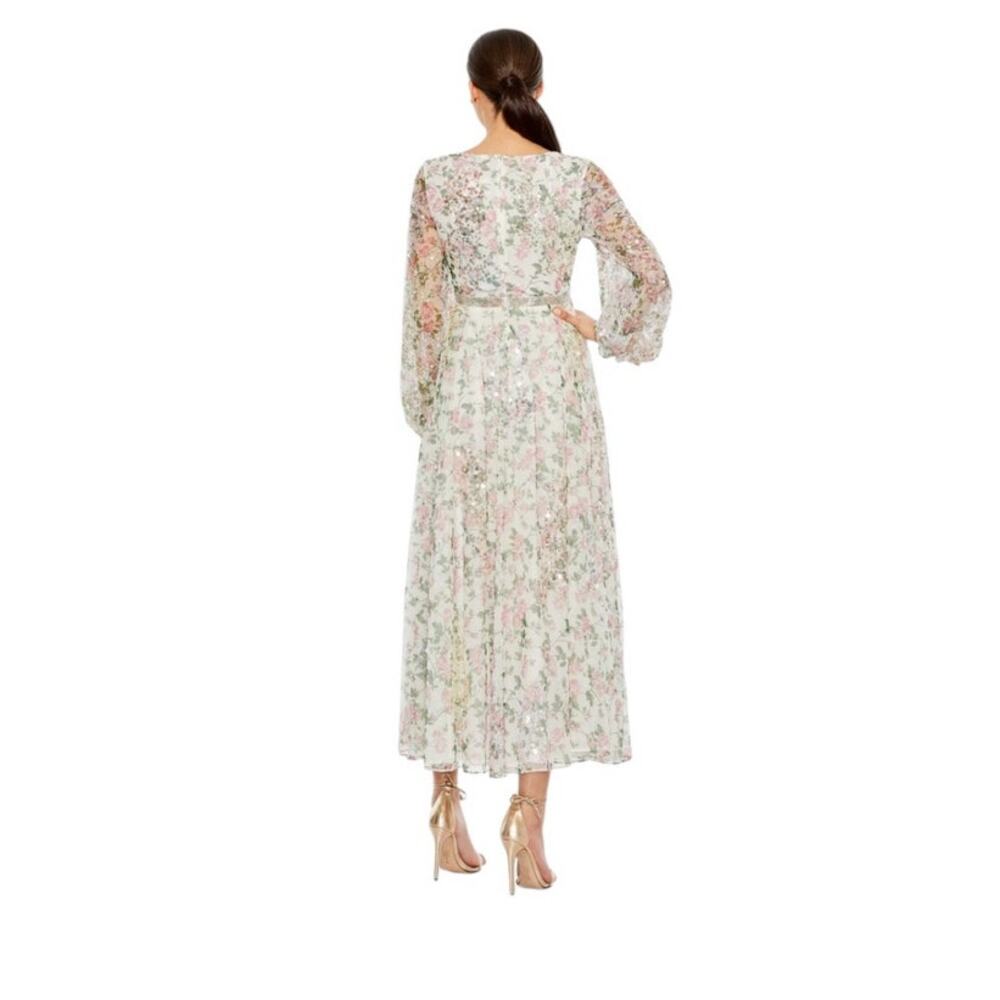 Mac Duggal NWT Sz 8 93788 Embellished Floral Print Faux Wrap A Line Midi Dress - Picture 2 of 8